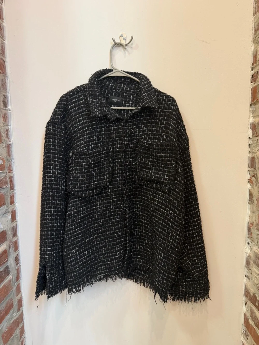 Forever 21 Men Black Tweed Frayed-Hem Blazer Jacket Large